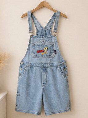 Looney Tunes Tweety Bird Denim Shortalls Vintage 90s Y2K Size XL